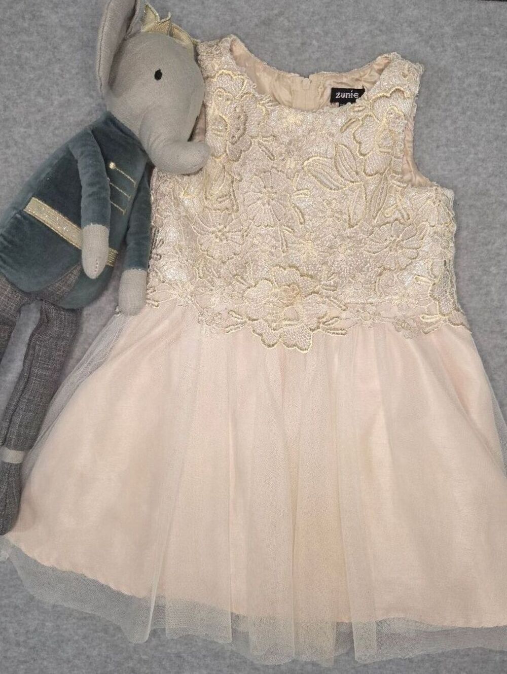Zunie Girls' Cream and Gold Lace Dress with Tulle Skirt Size 3T